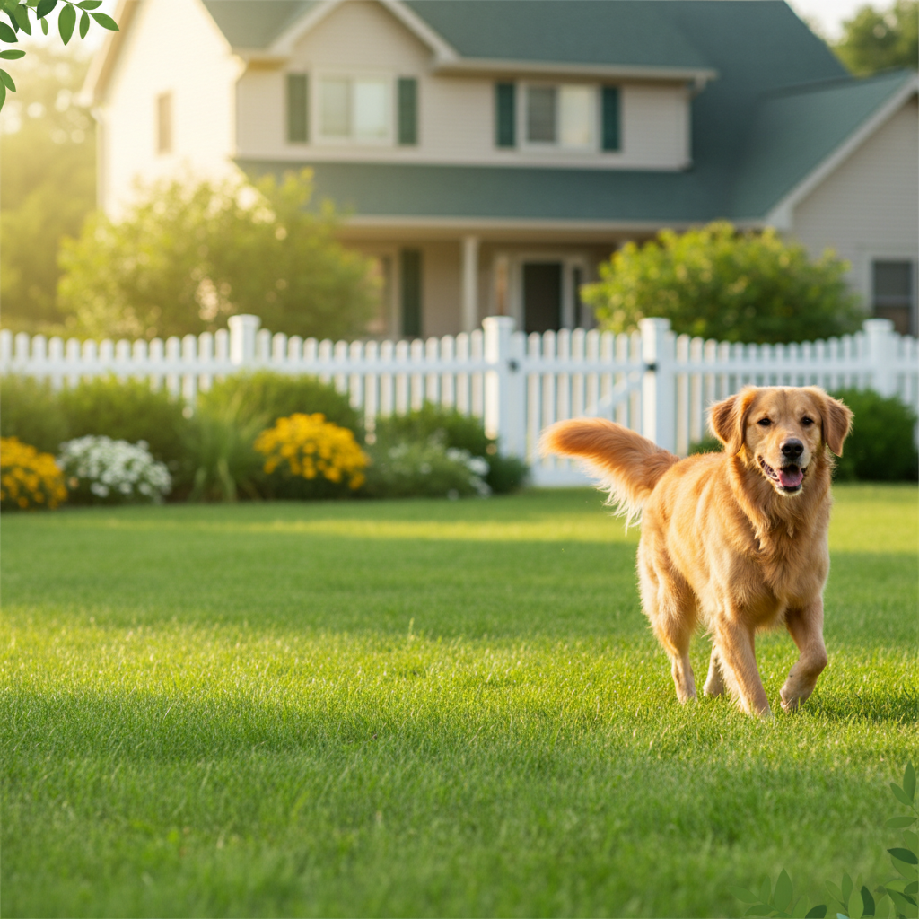 Happy dog enjoying a clean green backyard